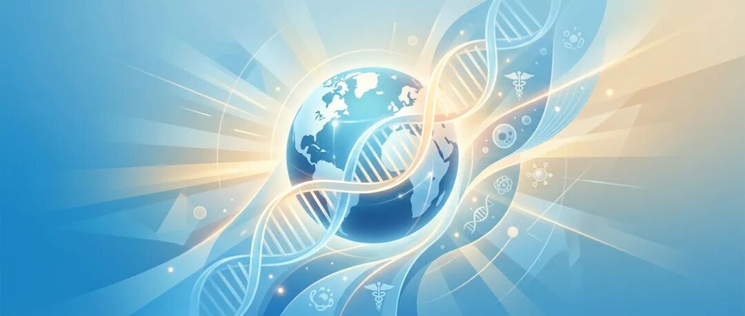 抽象医学插画:发光的地球与DNA链,象征全球前沿医疗与希望