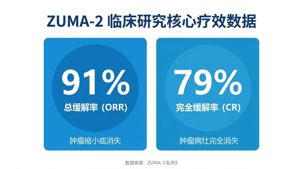 ZUMA-2研究核心疗效数据图:91%总缓解率和79%完全缓解率