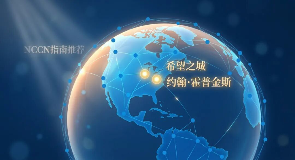 一张展示全球顶级医疗资源的抽象插画。画面以品牌蓝为主色调,通过发光的全球网络连接起“希望之城”与“约翰·霍普金斯”等顶尖癌症中心,并标注“NCCN指南推荐”,象征着权威医疗资源的深度链接与希望。