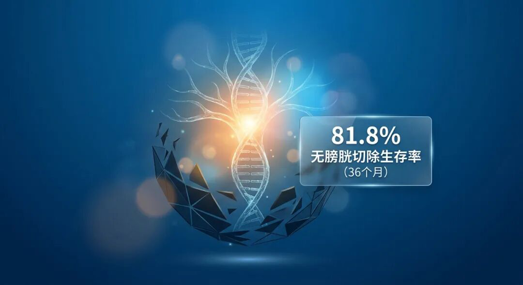 画面中心是一棵由DNA双螺旋构成的发光生命之树,正冲破暗色的几何束缚,散发出温暖的金色与蓝色光芒。图中配有简洁的标签文字“81.8% 无膀胱切除生存率 (36个月)”,寓意新疗法为患者带来保留膀胱、重获生机的希望。