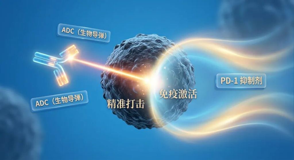 医学科普插画:展示ADC药物(生物导弹)与PD-1抑制剂的协同作用。画面中心为暗色癌细胞,左侧ADC药物释放精准光束,右侧PD-1抑制剂产生柔和免疫光晕,两者汇聚共同锁定癌细胞,配有中文标签‘ADC (生物导弹)’、‘PD-1 抑制剂’、‘精准打击’和‘免疫激活’,色调温暖且富有科技感。