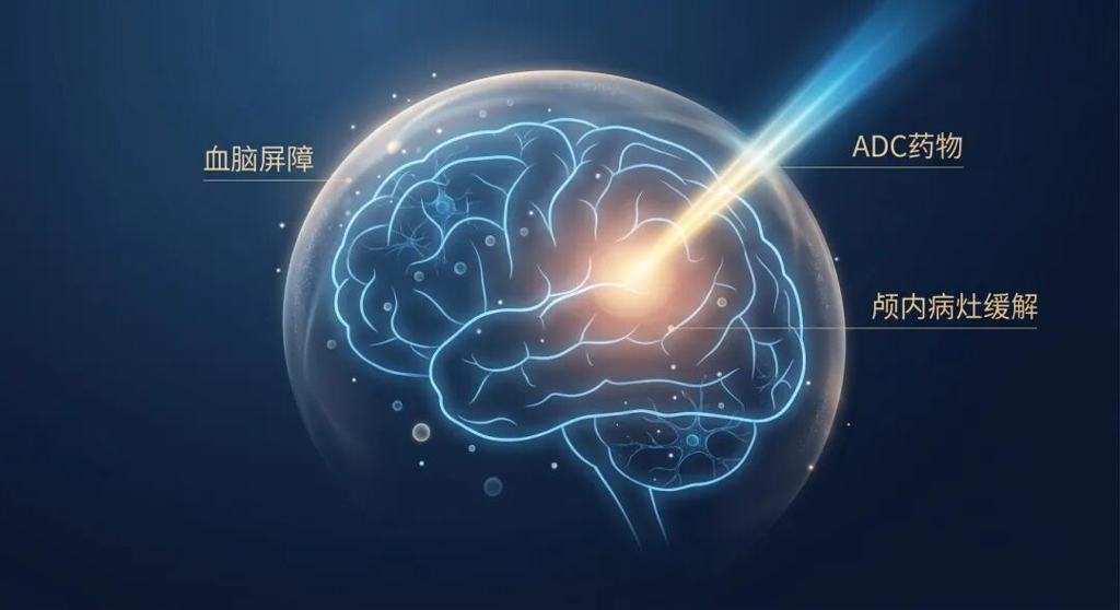 一张温暖且具专业感的医学插画:背景为深蓝色,画面中央是一个由发光线条构成的抽象大脑轮廓。一层半透明的发光薄膜(标注为“血脑屏障”)包裹着大脑。一束结合了盛诺一家品牌蓝与温暖金色的强光(标注为“ADC药物”)正在穿透这层屏障,照亮了大脑内部(标注为“颅内病灶缓解”),象征着ADC药物攻克肺癌脑转移带来的治愈希望。