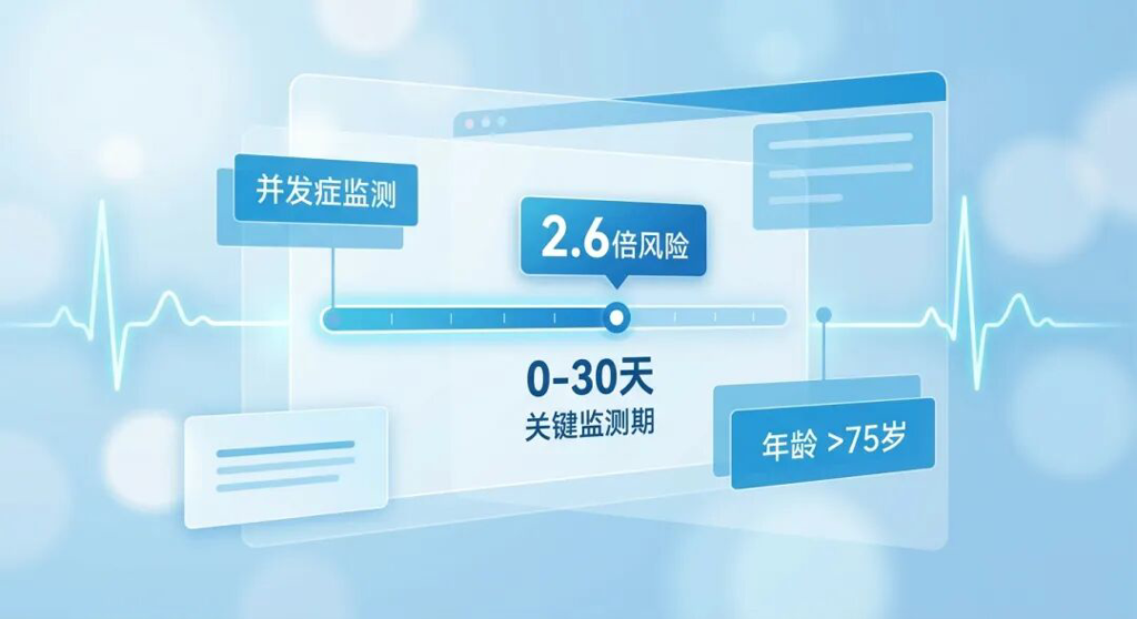 一张专业且具有国际化感官的医学插画。画面以盛诺一家品牌蓝为基调,展示了一个精密的数据监测面板。面板中心高亮标注了‘关键监测期:0-30天’及‘2.6倍风险’,周围环绕着‘并发症监测’和‘年龄 >75岁’的分析标签。柔和的心电图波纹穿插其中,寓意通过多维度的数据分析精准锁定免疫治疗后的心脏风险,画面传递出严谨、科学与希望。
