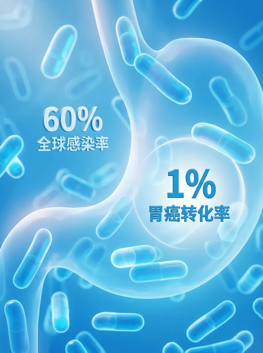 一张具有国际顶尖医学期刊质感的抽象插画:在柔和的品牌蓝色调微观世界中,发光的半透明胶囊几何体隐喻幽门螺杆菌,画面中浮现‘60% 全球感染率’与‘1% 胃癌转化率’的文字,传达出揭开医学谜团的专业感与科学探索精神。