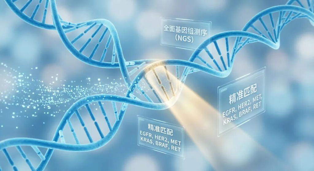 一张展示全面基因组测序(NGS)与精准医疗关系的抽象医学插画。画面中心是发光的蓝色DNA双螺旋,其中一段被金色光芒高亮放大,周围环绕着代表数据分析的全息面板,上面标注着‘全面基因组测序’、‘精准匹配’以及文中提到的EGFR、HER2、MET、KRAS等靶点名称,寓意通过精准检测为ADC药物治疗提供科学依据。
