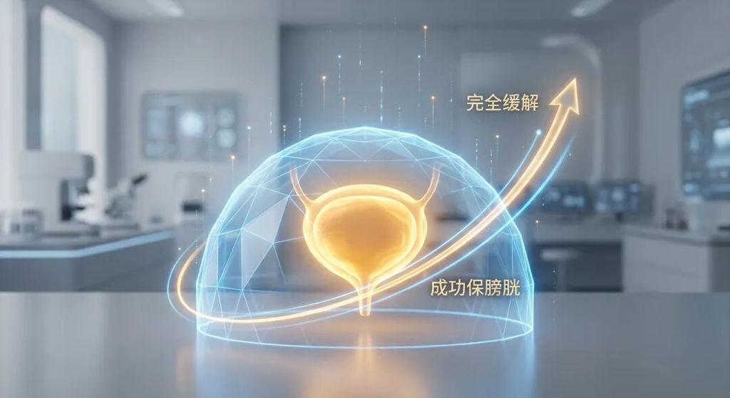 一张充满科技感与希望的医学插画。画面中心是一个由盛诺一家品牌蓝(#1996DF)构成的半透明科技穹顶,象征着医疗技术的坚固保护。穹顶内部散发出温暖、健康的金色光芒,寓意患者的器官得到完美保全并重获新生。背景点缀着向上升腾的科技粒子,画面配有中文标签‘完全缓解’和‘成功保膀胱’,传递出科学数据带来的胜利感与专业守护。