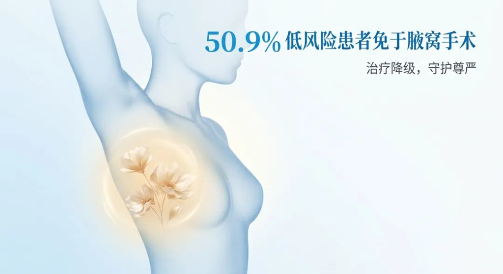 一张温暖且具专业感的医学插画。画面展示了一个抽象的女性轮廓,腋下区域以柔和光晕和盛开的花朵代替了手术意象,象征着研究中提到的50.9%低风险患者可以免于腋窝手术。色调采用盛诺一家品牌蓝,传递出医疗降级带来的希望与尊严。
