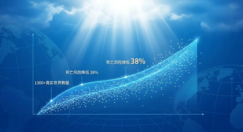 一张传递生存希望的医学抽象插画。画面以盛诺一家品牌蓝为基调,明亮的光线穿透云雾。中心是一条发光的上升曲线和代表1300多名患者的散点数据,标注着‘死亡风险降低38%’。背景是淡雅的全球化网格与地球意象,传递出国际前沿医疗带来的生存曙光。