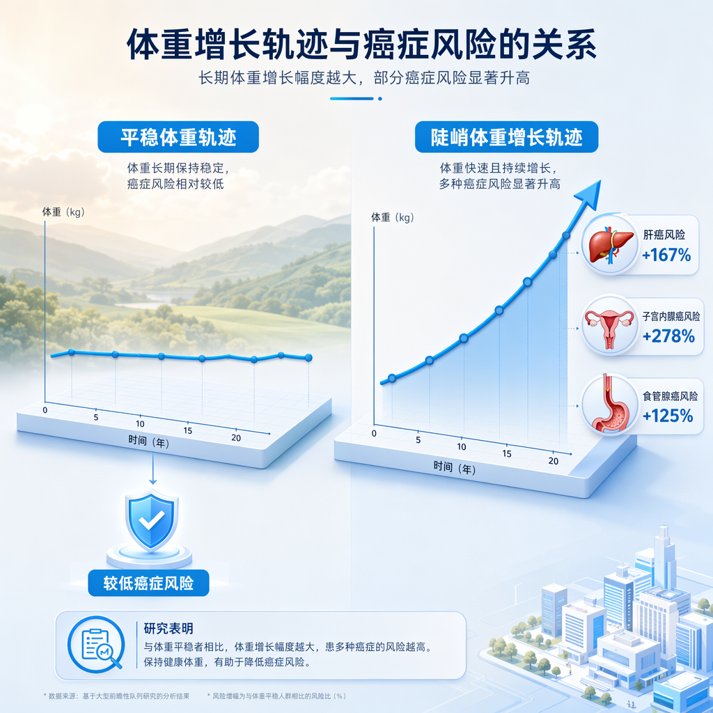 一张专业医学插画,对比了成年期两种体重变化轨迹。左侧平稳的蓝色曲线标注为“平稳体重轨迹”,指向“较低癌症风险”;右侧陡峭上升的蓝色曲线标注为“陡峭体重增长轨迹”,其末端连接着三个器官图标及对应的风险增长数据:子宫内膜癌风险增加278%、肝癌风险增加167%、食管腺癌风险增加125%。画面色调为盛诺一家品牌蓝,风格温暖且专业。