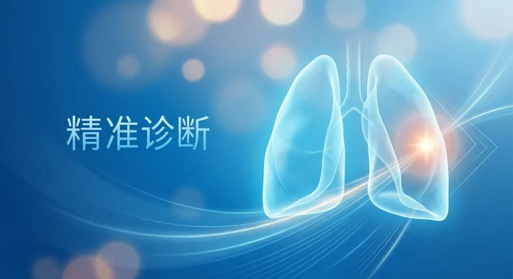 一张充满科技感与希望的抽象医学插画。画面主体是半透明的蓝色肺部轮廓,使用了盛诺一家品牌蓝(#1996DF)。在肺部的外周区域,一个柔和发光的焦点象征着被精准锁定的肺部结节,周围环绕着象征1.1mm超细探头精准抵达的抽象光线。整体风格专业且温暖,传达出国际前沿医疗技术带来的诊断新希望。
