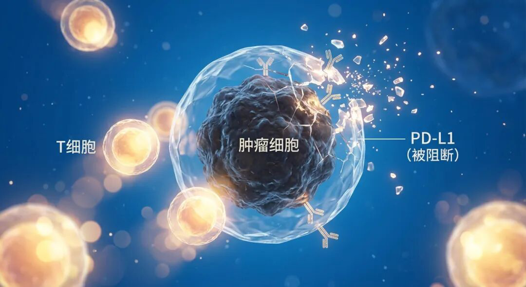 医学插画:展现度伐利尤单抗的作用机制。在品牌蓝色的微观世界中,原本阻碍免疫系统的PD-L1屏障正在破碎,发光的T细胞在药物作用下被重新唤醒,焕发暖色光芒并包围暗色的肿瘤细胞,寓意免疫疗法带来的生命希望。