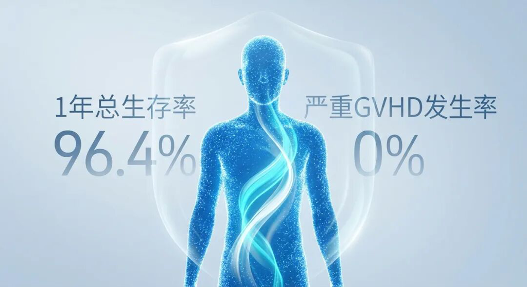 一张充满安全感的抽象医学插画:蓝色光点汇聚成的人体轮廓内,和谐的光带平稳流淌,象征免疫系统的重建与和平共处,没有任何排斥冲突。画面融入了“1年总生存率 96.4%”和“严重GVHD发生率 0%”的透明质感数据,体现了国际顶尖医疗技术的精准与可靠。