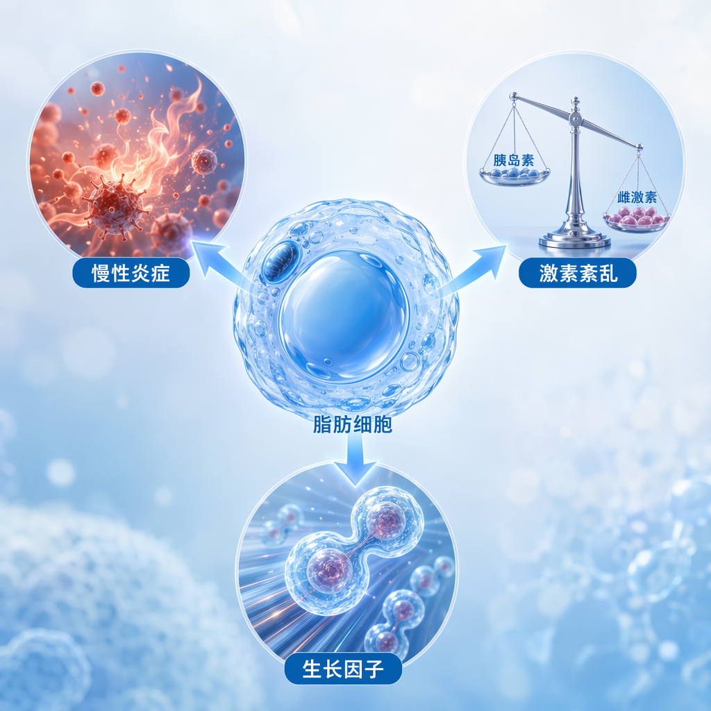 图解肥胖导致癌症的生物学机制:中心为一个放大的蓝色脂肪细胞,通过箭头指向三个机制:1. 慢性炎症(红色炎症因子);2. 激素紊乱(失衡的天平,标注胰岛素与雌激素);3. 生长因子(加速分裂的细胞)。画面呈现专业、温暖的国际化医学插画风格。