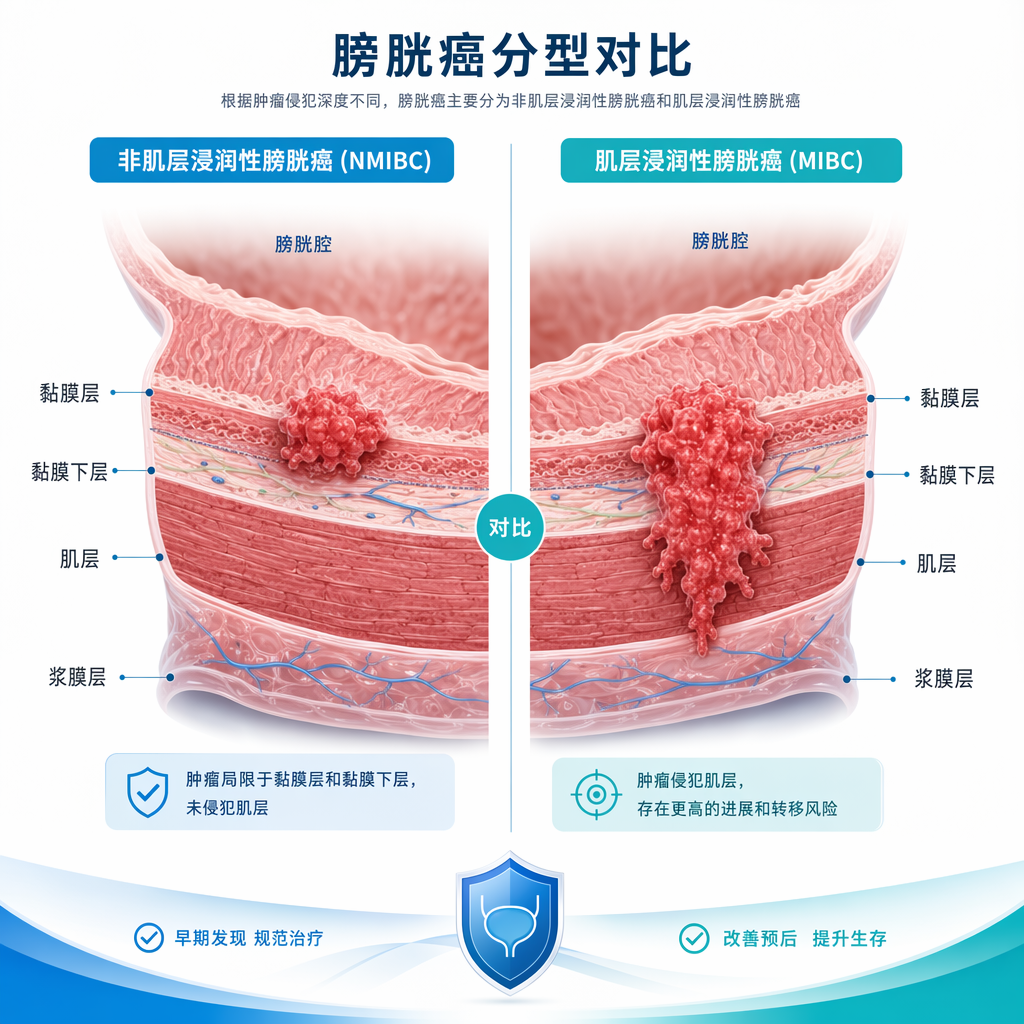 一张专业的医学对比示意图,展示了膀胱壁的解剖分层(黏膜层、黏膜下层、肌层、浆膜层)。左侧标注为“非肌层浸润性膀胱癌”,红色肿瘤局限在黏膜层和黏膜下层;右侧标注为“肌层浸润性膀胱癌”,显示肿瘤已侵入深部的肌层。色调采用盛诺一家品牌蓝,画面简洁、专业且具有国际化美感。
