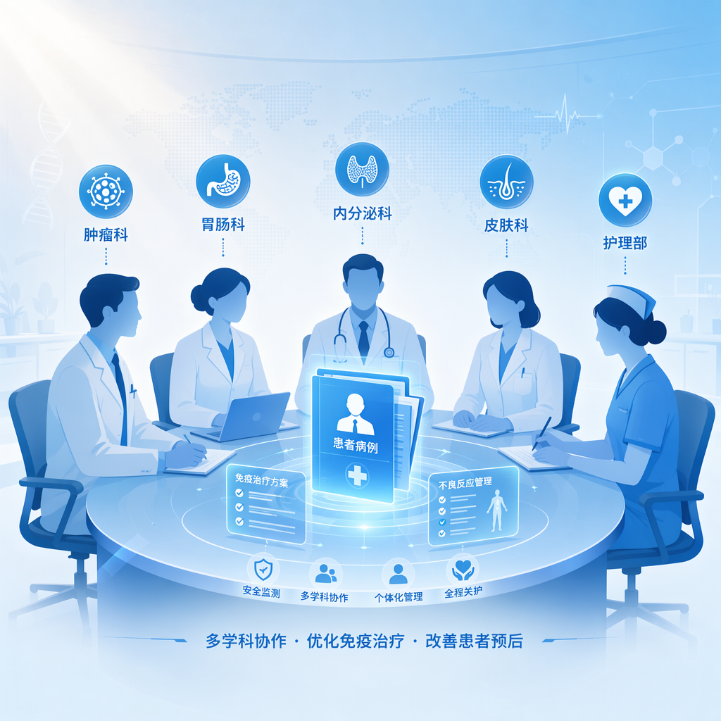 一张专业且具有国际化美感的医学插画,展示了多学科团队(MDT)协作场景。画面中心是一个圆桌,五位没有面部特征的医生剪影围坐在一起,共同研讨桌上的患者病历资料。医生上方分别悬浮着中文标签:‘肿瘤科’、‘胃肠科’、‘内分泌科’、‘皮肤科’和‘护理部’。色调采用盛诺一家品牌蓝(#1996DF和#1996D7),光线柔和,传递出专业、协作与希望的氛围。