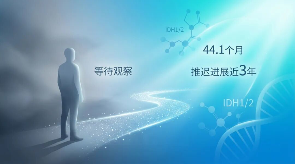 画面左侧为迷雾笼罩的阴影,象征术后‘等待观察’的焦虑与未知;一条由发光粒子构成的道路通向右侧明亮的盛诺一家品牌蓝色(#1996DF)区域,象征伏拉西尼带来的突破。画面中优雅地标注着‘44.1个月’和‘推迟进展近3年’,体现国际前沿医疗为脑胶质瘤患者赢得的宝贵时间,整体风格温暖、专业且充满希望。