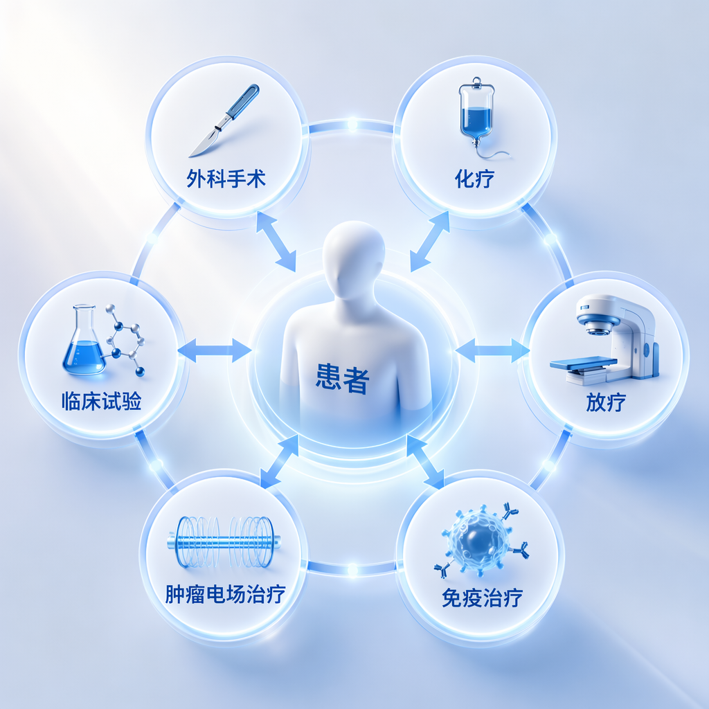 恶性间皮瘤多学科综合治疗模式图:中心为抽象患者图标,周围环绕着外科手术、化疗、放疗、免疫治疗、肿瘤电场治疗及临床试验六大治疗模块,通过蓝色发光箭头指向患者,体现多学科协作(MDT)的专业诊疗理念。