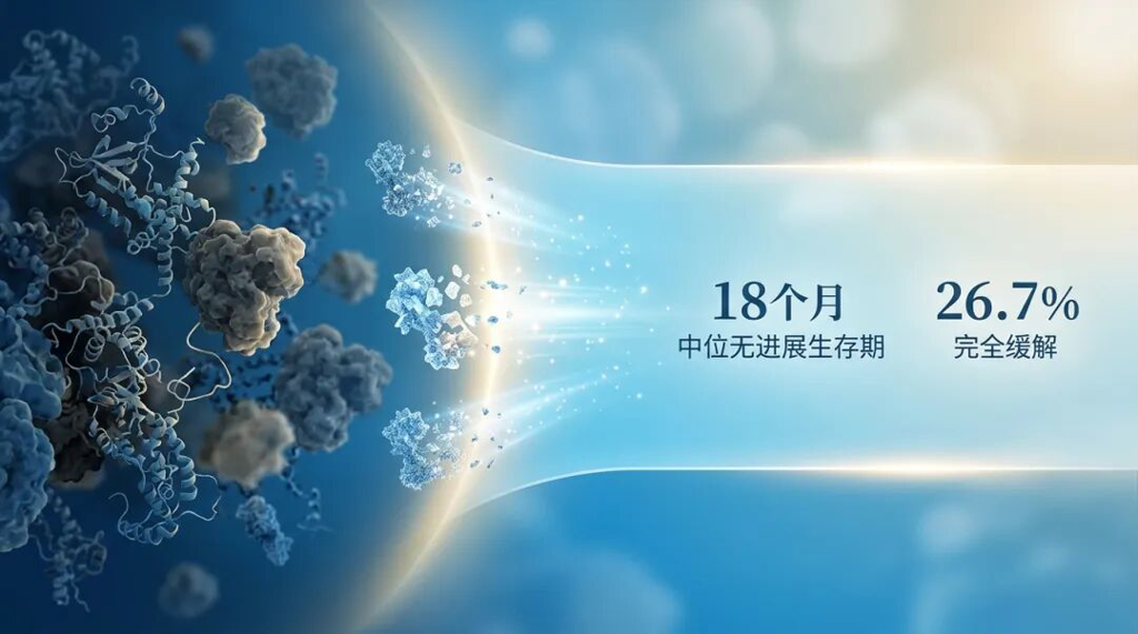 一张温暖且专业的医学插画,展示了治疗后从浑浊到清澈的视觉转变。画面右侧是一条由品牌蓝(#1996D7)和金色暖光构成的宽阔、平稳的路径,象征着新方案带来的“18个月中位无进展生存期”和“26.7%完全缓解”。左侧杂乱的微观元素在光芒中逐渐消散,寓意肿瘤被深度清除,疾病得到长久控制。