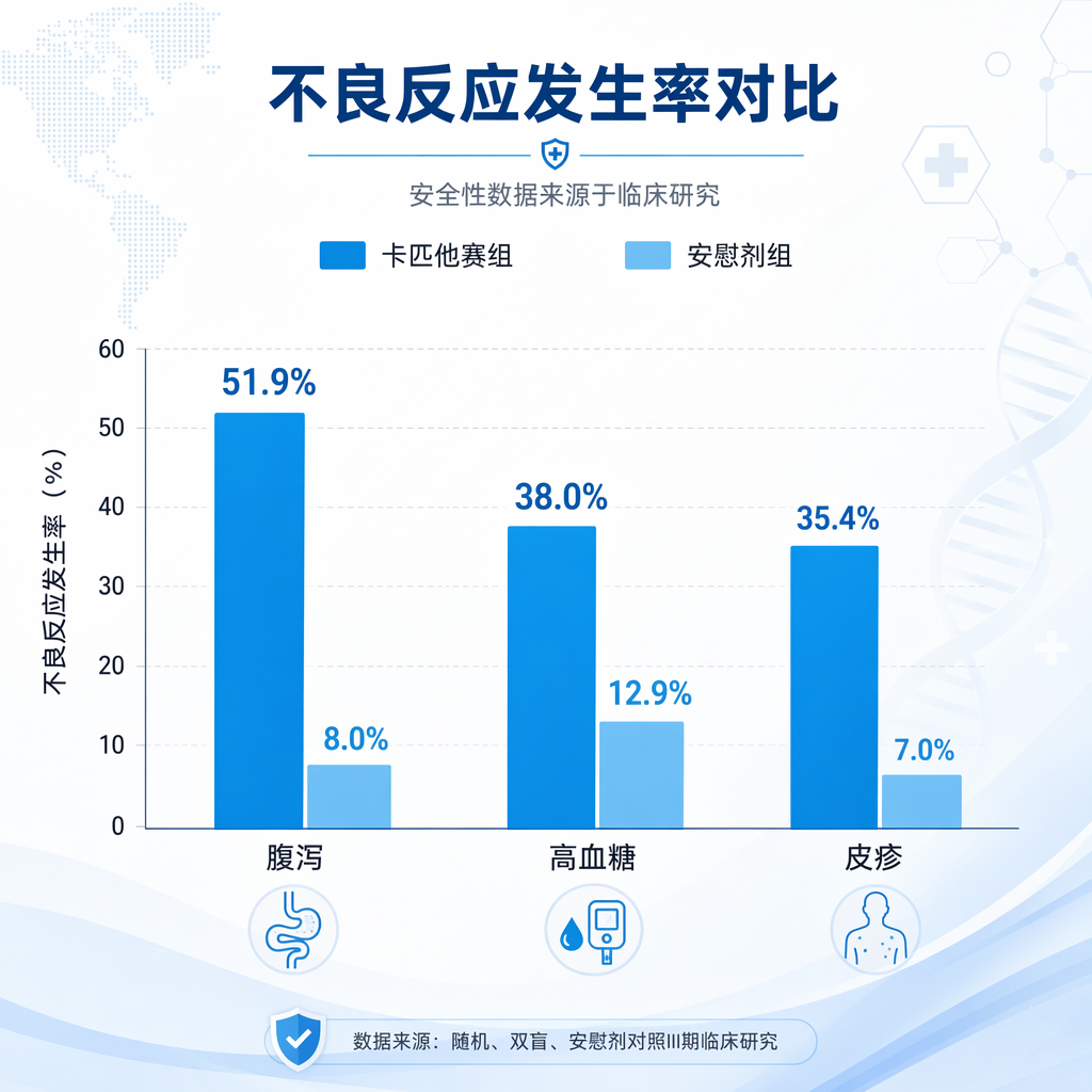 一张专业医学数据对比图,采用盛诺一家品牌蓝色调,清晰展示了卡匹他赛组与安慰剂组在三项主要不良反应上的发生率对比:腹泻(51.9% vs 8.0%)、高血糖(38.0% vs 12.9%)和皮疹(35.4% vs 7.0%)。画面风格简约、国际化,适合重症患者阅读。