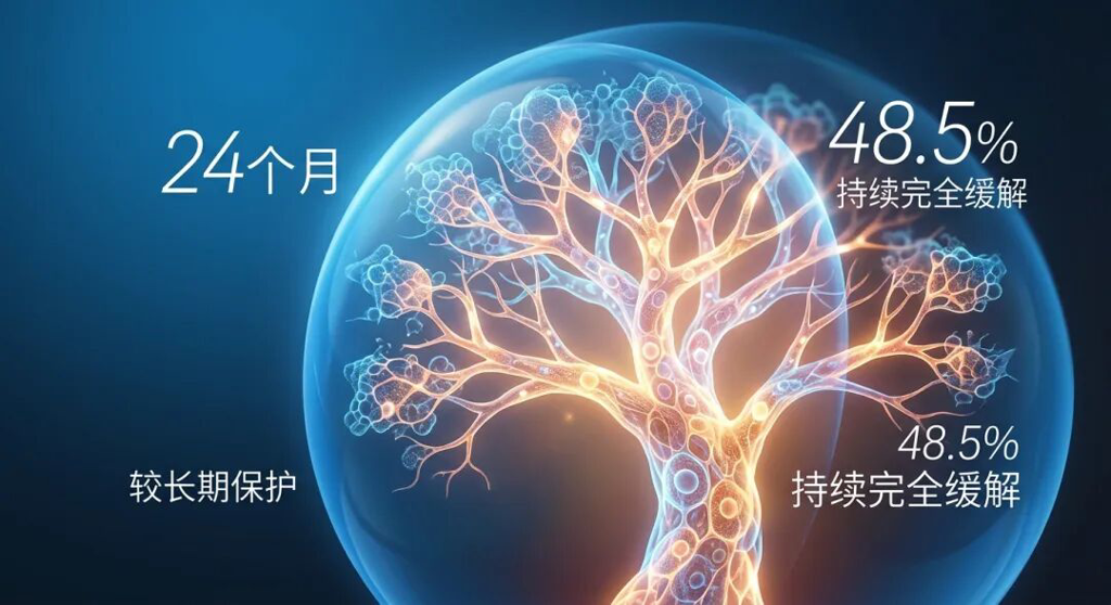 画面中心是一棵由发光细胞网络构成的“生命之树”,象征着生命的生机与康复。它被包裹在一个品牌蓝色(#1996DF)的半透明保护罩内,寓意长效的守护。画面光影柔和温暖,优雅地标注着原文数据“24个月”和“48.5% 持续完全缓解”,向家属传递长期生存的真实希望。
