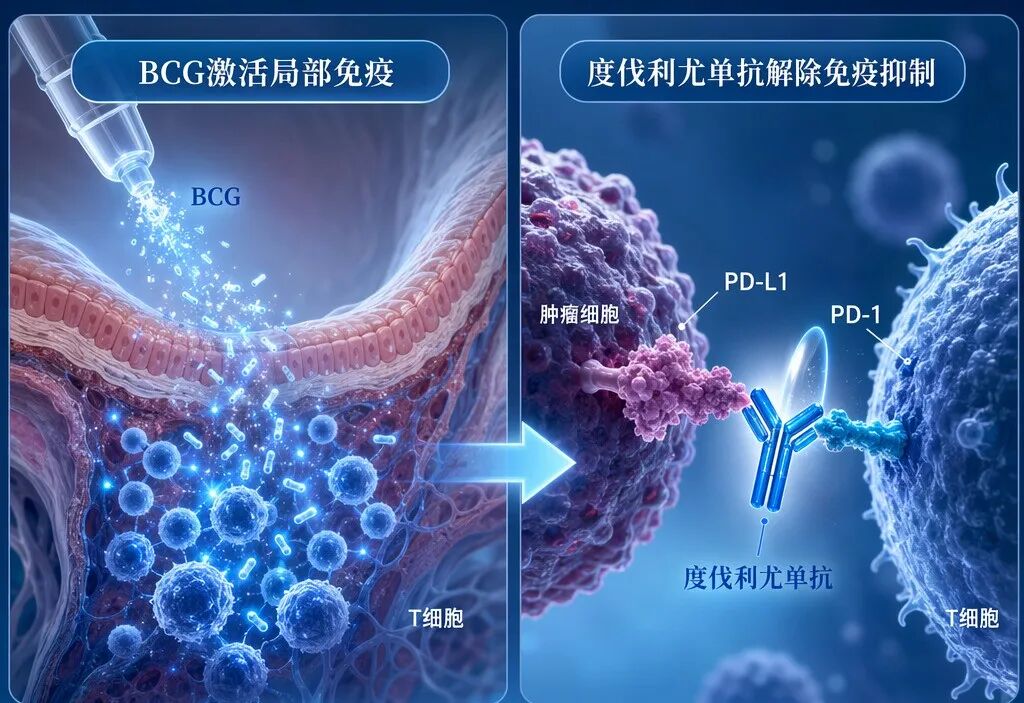 BCG联合度伐利尤单抗治疗膀胱癌的作用机制图:左侧展示BCG灌注激活膀胱局部免疫,吸引T细胞聚集;右侧展示度伐利尤单抗(Y形抗体)阻断肿瘤细胞PD-L1与T细胞PD-1的结合,解除免疫抑制;两者协同增强抗肿瘤效果。