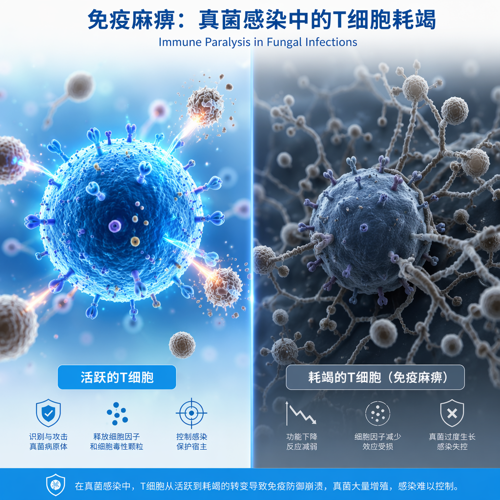 一张对比医学插画:左侧展示活跃的T细胞正在积极攻击真菌,标注为“活跃的T细胞”;右侧展示T细胞变得暗淡萎靡,被大量繁殖的真菌包围,标注为“耗竭的T细胞(免疫麻痹)”。画面采用盛诺一家品牌蓝色调,风格专业且具有国际化美感。