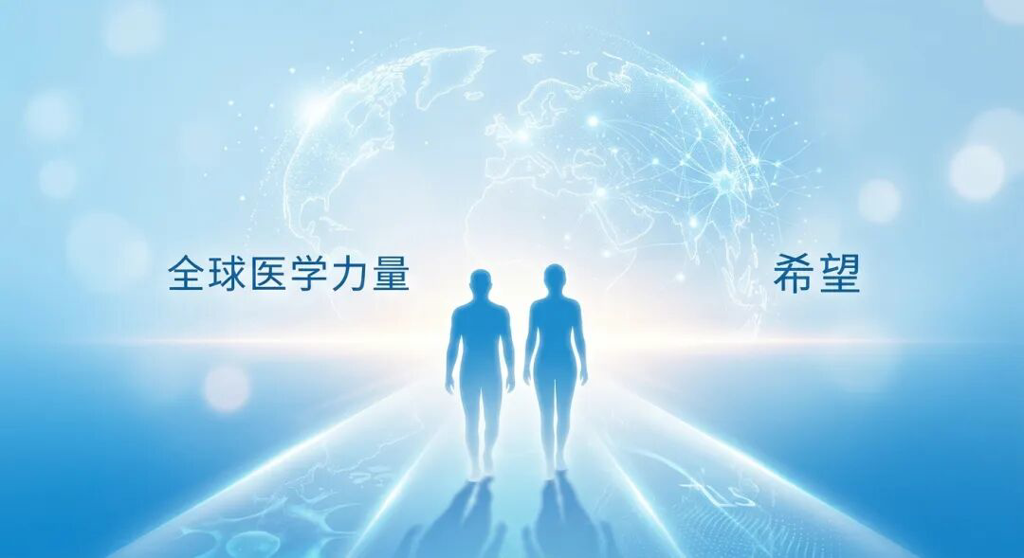 画面呈现温暖而专业的国际化医学插画风格。在盛诺一家品牌蓝(#1996DF)构成的柔和光影中,一个抽象的地球轮廓浮现在背景中,象征着文中提到的MD安德森等全球顶尖医学力量。画面中央,抽象的人物剪影正沿着一条由科研成果汇聚而成的柔和光带向明亮的远方前行,寓意着医学的进步正为患者照亮希望之路。