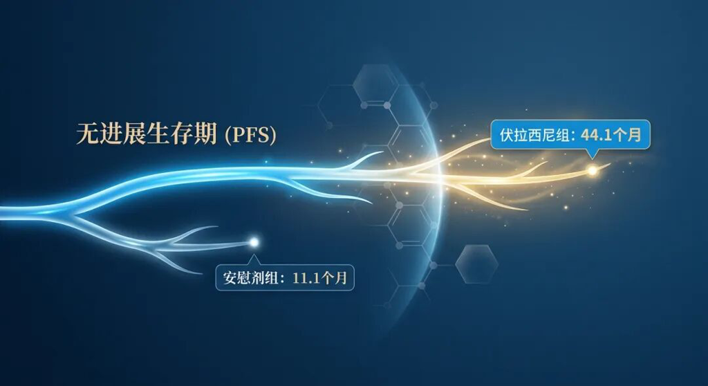 一张医学数据可视化插画,对比了INDIGO研究中伏拉西尼组(44.1个月)与安慰剂组(11.1个月)的中位无进展生存期(PFS)。画面通过两条延伸的生命光带,生动展示了靶向药将疾病进展时间推迟了近三年的震撼效果,蓝色调专业稳重,金色点缀寓意希望。