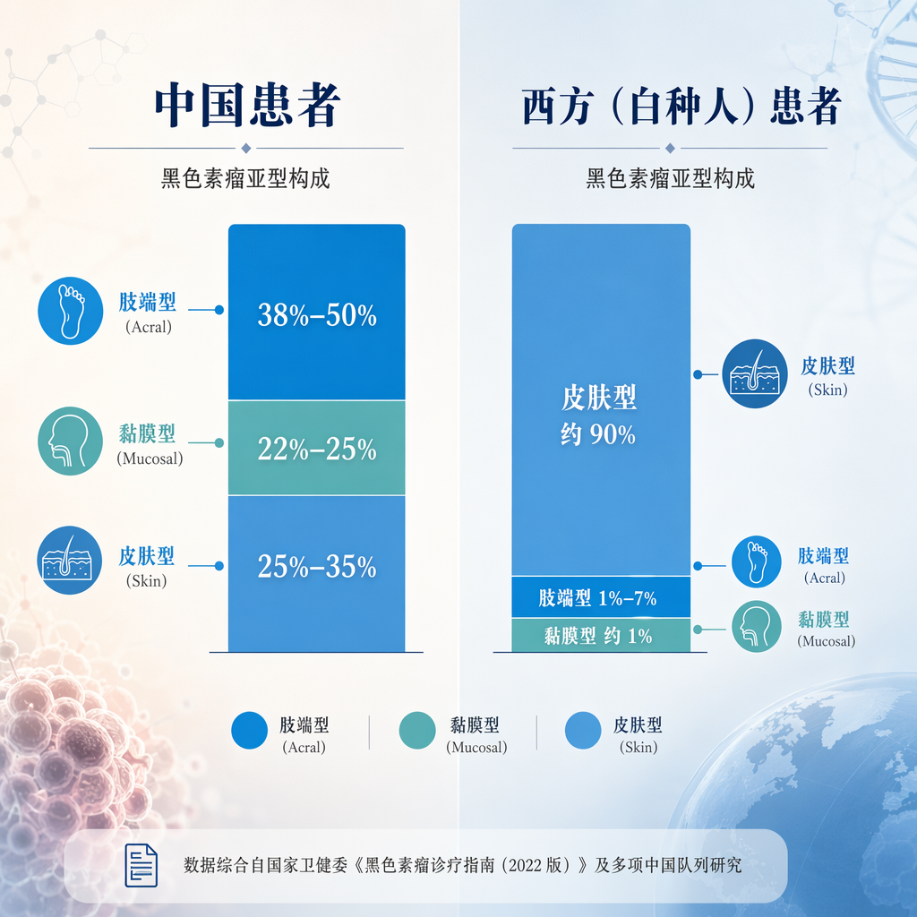 一张专业医学信息图,直观对比中国与西方黑色素瘤亚型构成的显著差异。左侧显示中国患者以肢端型(38%-50%)和黏膜型(22%-25%)为主;右侧显示西方患者以皮肤型(约90%)为主。画面采用盛诺一家品牌蓝色调,风格简约、专业且富有国际化美感。
