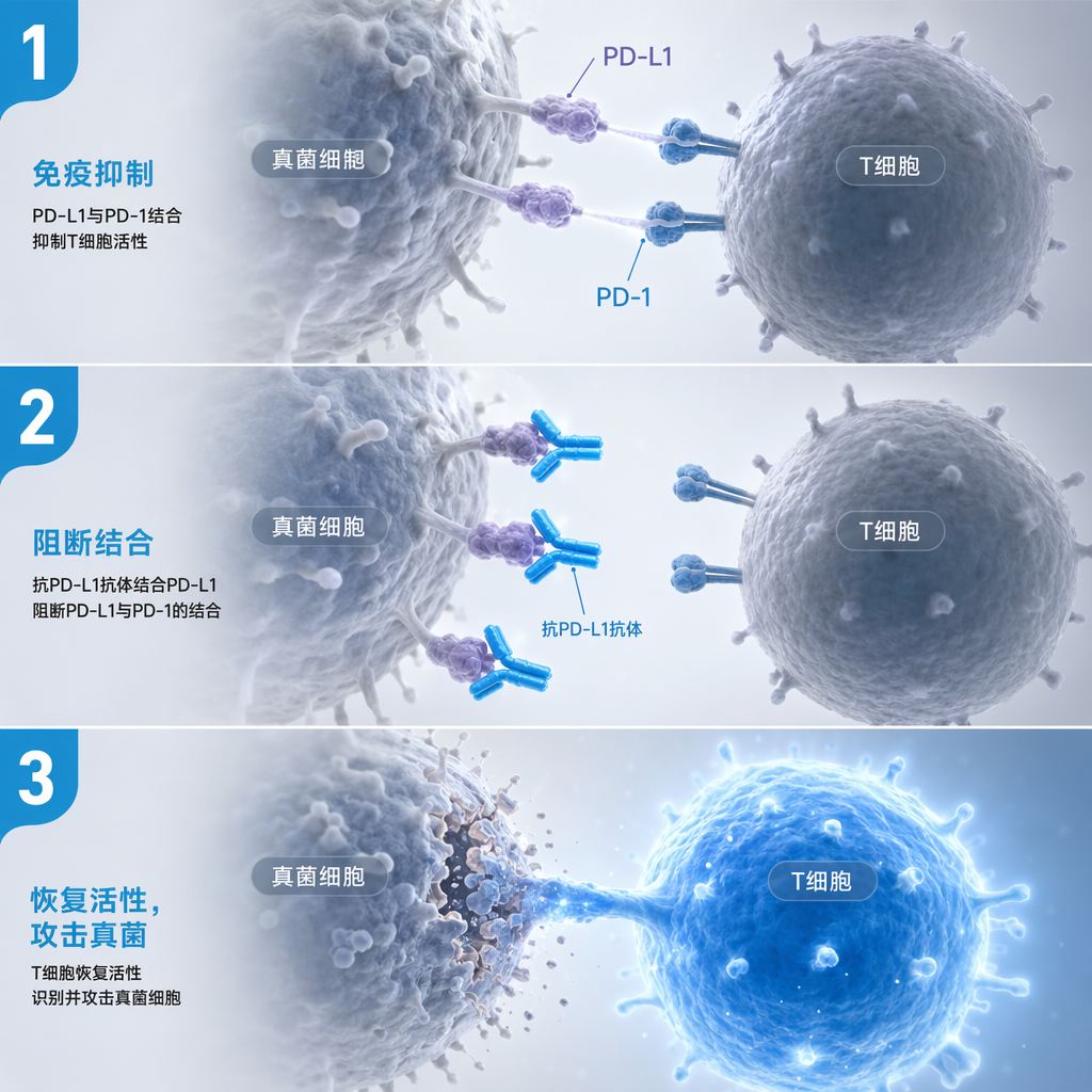 三步机制图:展示了抗PD-L1抗体如何介入真菌感染。第一步,真菌通过PD-L1与T细胞的PD-1结合导致免疫抑制;第二步,抗体阻断真菌表面的PD-L1;第三步,T细胞“刹车”解除,恢复活性并开始攻击真菌。