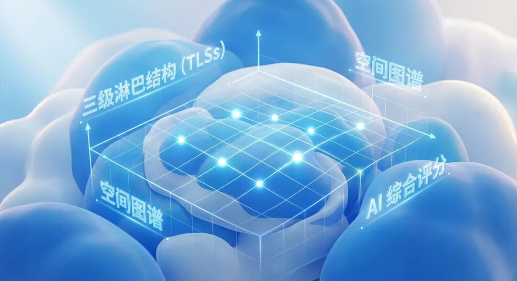 一张展示AI绘制三级淋巴结构(TLSs)空间图谱的医学插画。画面结合了柔和的生物组织形态与高科技的蓝色数字网格,体现了人工智能对肿瘤免疫微环境的精准分析与评分。