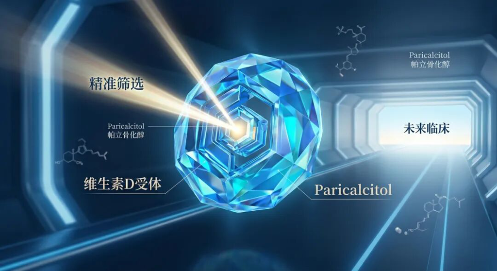 一张充满希望与科学严谨感的医学插画:画面中心是发光的‘维生素D受体’抽象模型,一道精准的光束正在与其匹配,象征通过检测受体实现的精准医疗。背景是通往远方光明的蓝色科技通道,寓意着正在进行的未来大规模临床试验,整体色调采用盛诺一家品牌蓝,传递出专业、温暖且与国际前沿接轨的视觉感受。