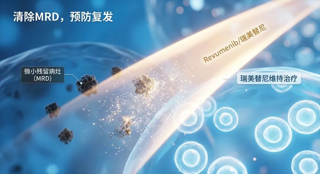 瑞美替尼维持治疗清除微小残留病灶(MRD)的医学意象图。画面展示了一束代表药物治疗的温暖净化之光扫过蓝色微观环境,将隐匿的暗色微小病灶(MRD)消融化解,留下纯净健康的细胞空间,寓意通过深度净化预防白血病复发。