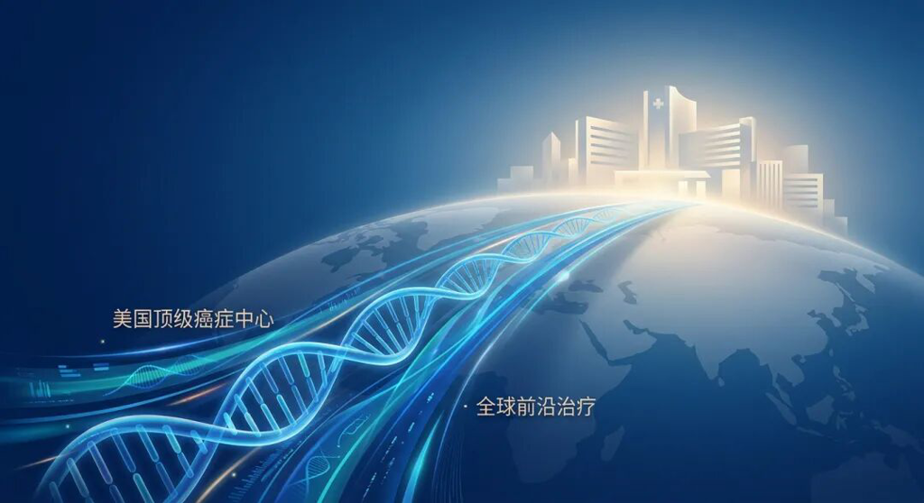 一张充满希望与专业感的医学插画:一条由发光的分子链和数据流构成的“希望之桥”跨越抽象的地球轮廓,连接着远方沐浴在柔和光芒中的美国顶级癌症中心(如MSKCC、丹娜-法伯、MD安德森)建筑剪影。画面采用盛诺一家品牌蓝调,传达出跨越重洋、连接全球前沿医疗的安心感与希望。