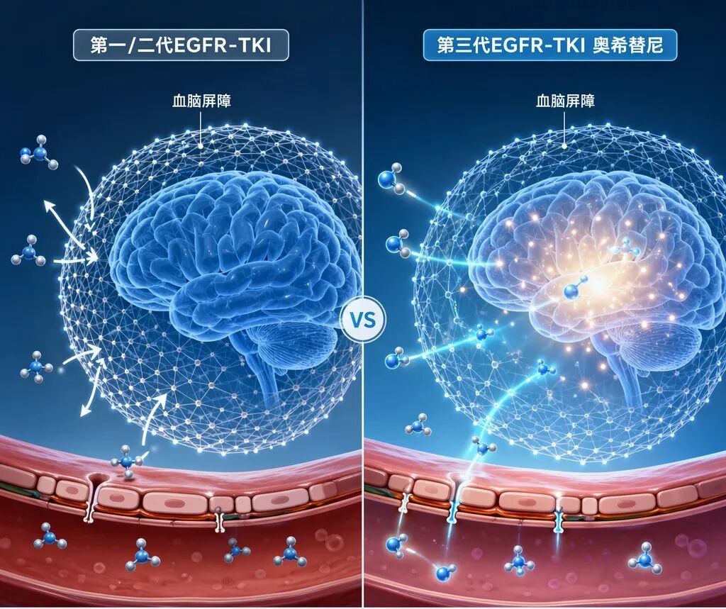 医学插画展示血脑屏障对比:左侧显示第一/二代EGFR-TKI分子被血脑屏障阻挡,右侧显示第三代EGFR-TKI(奥希替尼)分子顺利穿透屏障进入大脑,画面采用盛诺一家品牌蓝调,专业且充满希望。