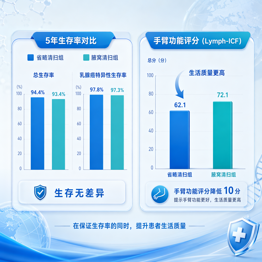 一张专业医学信息图,对比了乳腺癌SENOMAC研究的两组数据。左侧条形图显示‘省略清扫组’与‘腋窝清扫组’在5年总生存率(94.4% vs 93.4%)和乳腺癌特异性生存率(97.8% vs 97.3%)上几乎无异;右侧条形图显示省略清扫组的手臂功能评分显著更低(代表问题更少),并配有向下箭头标注‘生活质量更高’。色调采用盛诺一家品牌蓝,风格温暖且国际化。