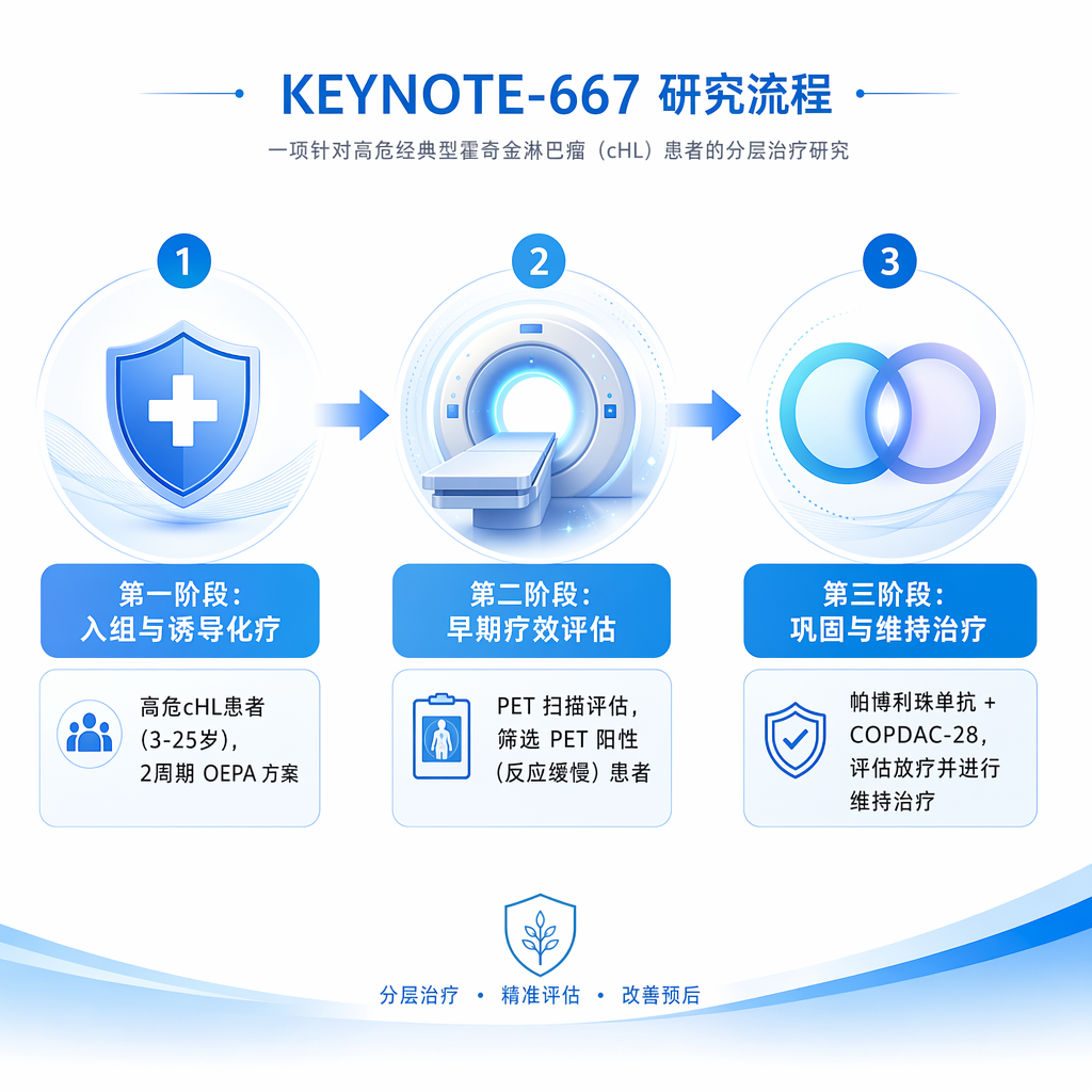 KEYNOTE-667研究治疗流程图:展示了3-25岁高危cHL患者从接受2周期OEPA诱导化疗,到通过PET扫描评估筛选出反应缓慢者,最后进入帕博利珠单抗联合COPDAC-28巩固治疗及后续维持治疗的三个阶段。