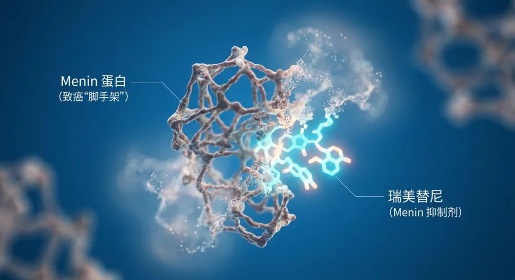 瑞美替尼作用机制示意图:展示了药物分子(瑞美替尼)如何精准结合并瓦解作为致癌“脚手架”的 Menin 蛋白,使其结构消散,从而阻断白血病细胞的增殖信号。