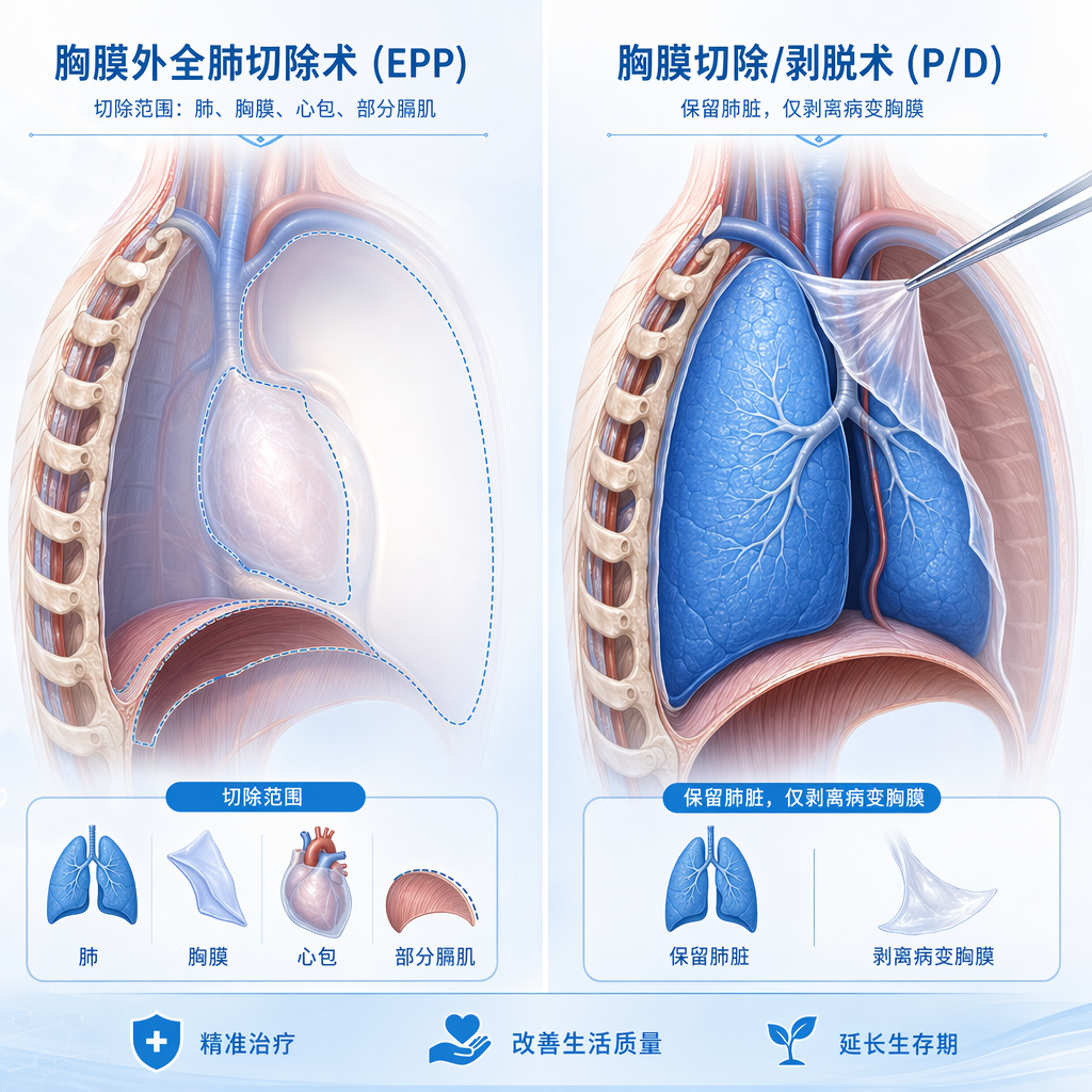 恶性胸膜间皮瘤两种手术方式对比图:左侧为全肺切除术(EPP),显示肺、胸膜、心包及部分膈肌被切除;右侧为保肺手术(P/D),显示肺脏完整保留,仅剥离病变胸膜。画面采用盛诺一家品牌蓝调,专业且富有希望感。