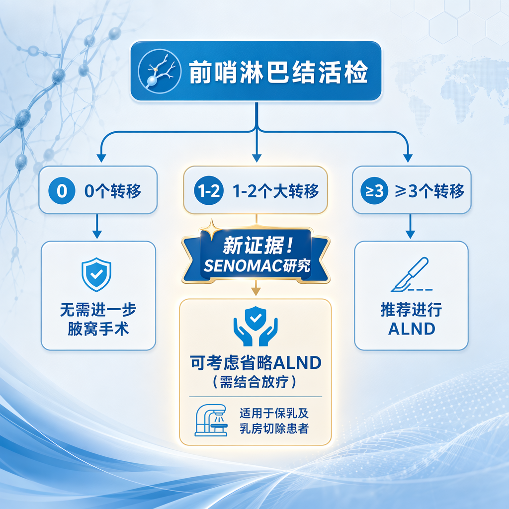乳腺癌腋窝处理决策路径演变流程图:清晰展示了从“前哨淋巴结活检”开始的三个分支。重点突出了SENOMAC研究带来的新证据:对于有1-2个大转移的保乳及乳房切除患者,在结合放疗的前提下可考虑省略腋窝淋巴结清扫(ALND);而0个转移者无需手术,≥3个转移者仍推荐进行ALND。