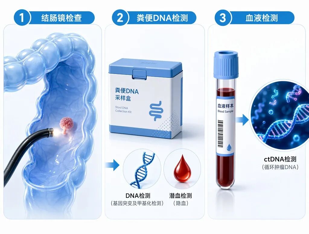 结直肠癌三种主流筛查方式对比示意图:左侧为结肠镜检查(内窥镜观察肠道息肉),中间为粪便DNA检测(分析样本中的DNA和潜血),右侧为血液检测(分析血液中的ctDNA碎片)。画面采用盛诺一家品牌蓝色调,风格专业、温暖且富有国际感。