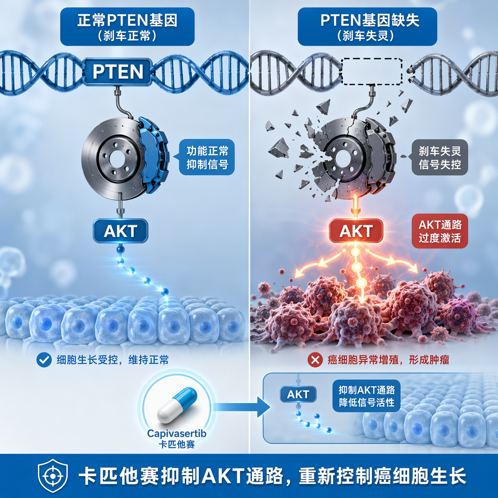 医学原理示意图:左侧展示正常PTEN基因如“刹车”般抑制AKT通路,维持细胞正常生长;右侧展示PTEN缺失导致“刹车失灵”,AKT通路过度激活驱动癌细胞增殖;下方显示卡匹他赛药丸通过抑制AKT通路,重新控制癌细胞生长。