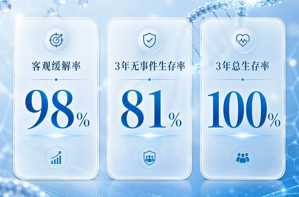 一张专业且富有美感的医学数据图表,包含三个并列的蓝色调数据卡片。卡片分别展示了KEYNOTE-667研究的核心数据:客观缓解率98%、3年无事件生存率81%以及3年总生存率100%。背景采用抽象的医疗元素和柔和的光影,传递出专业与希望。
